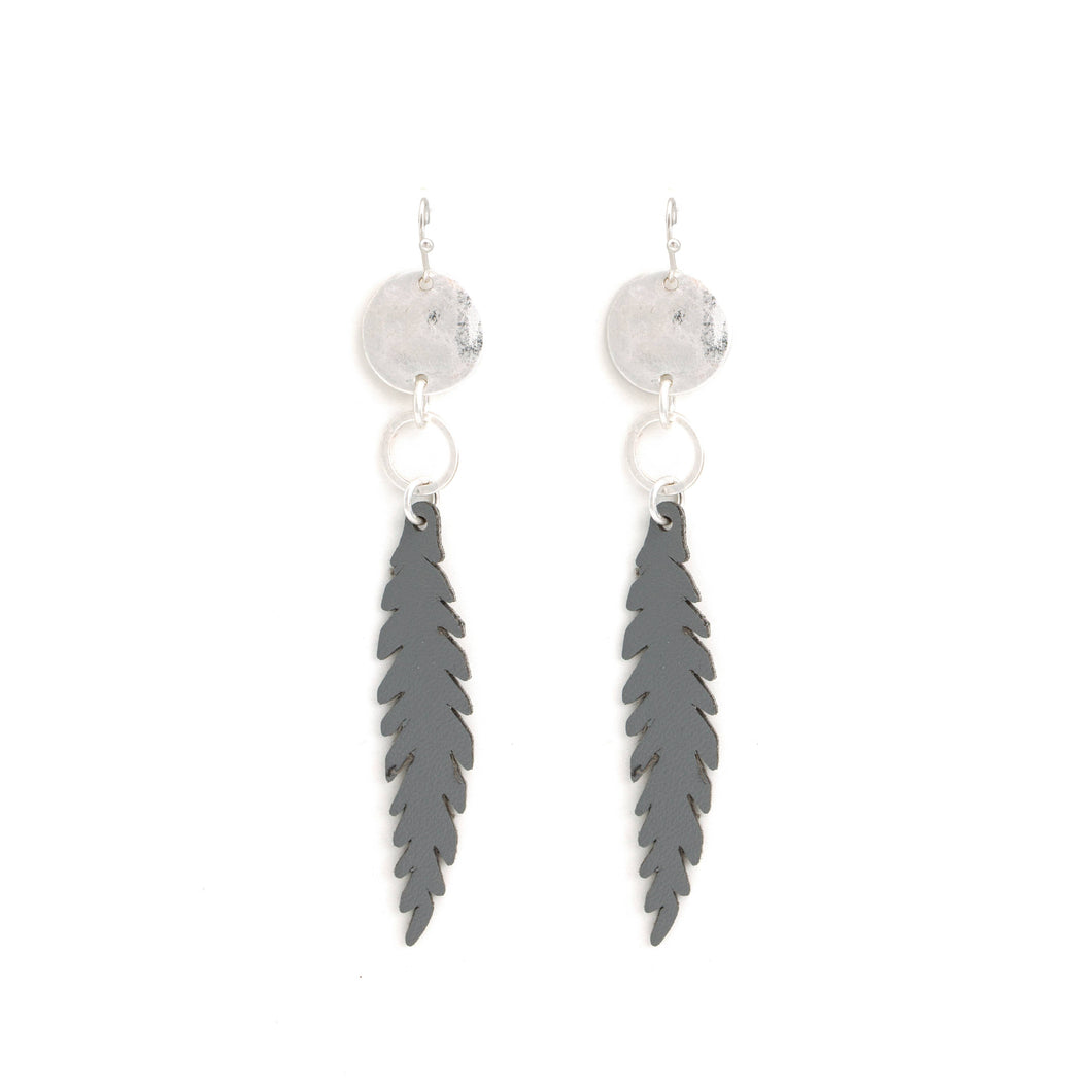 Vegan Leather Feather Earrings - Gray
