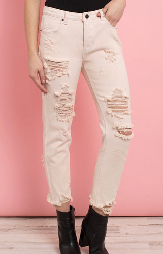 Cropped Ripped Jeans - Light Pink